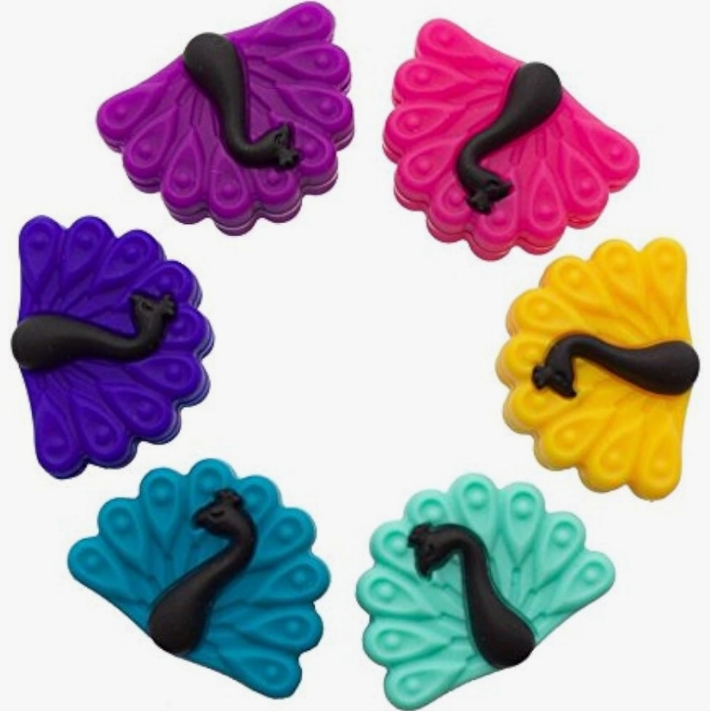 6 Piece Peacock Glass Markers Wine Markers Cute Colorful Silicone Rubber NWT NIB